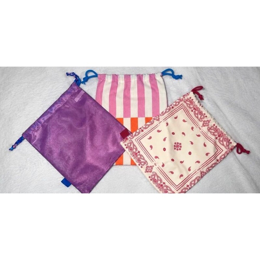 Set of 3 Drawstring Pouches Makeup Travel Gift Bags Bandana Striped Purple